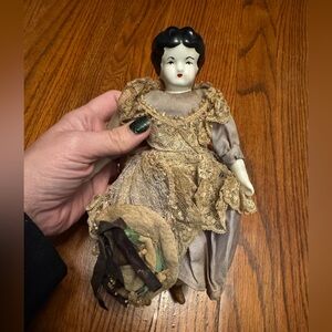 Antique German Handpainted Porcelain China Doll Lace Dress- All original